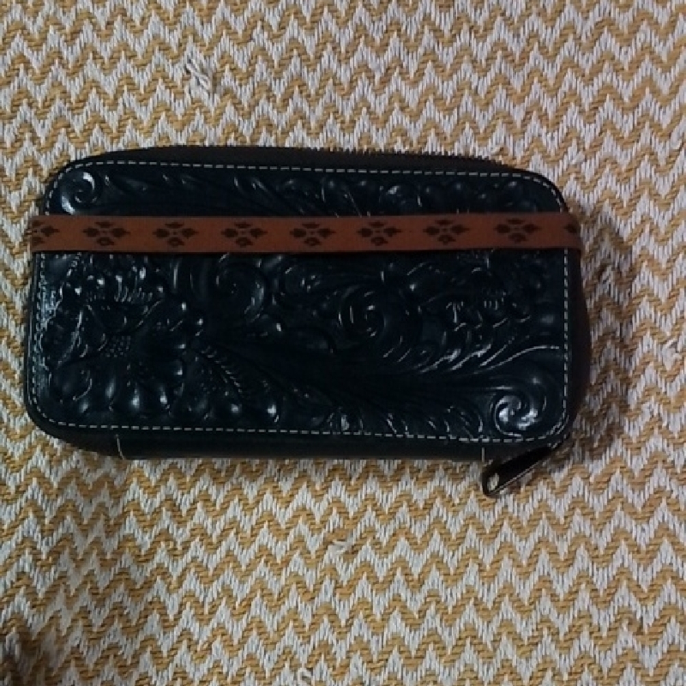 Navy Patricia Nash Tooled Leather Zip Wallet with Brown Accent Strap